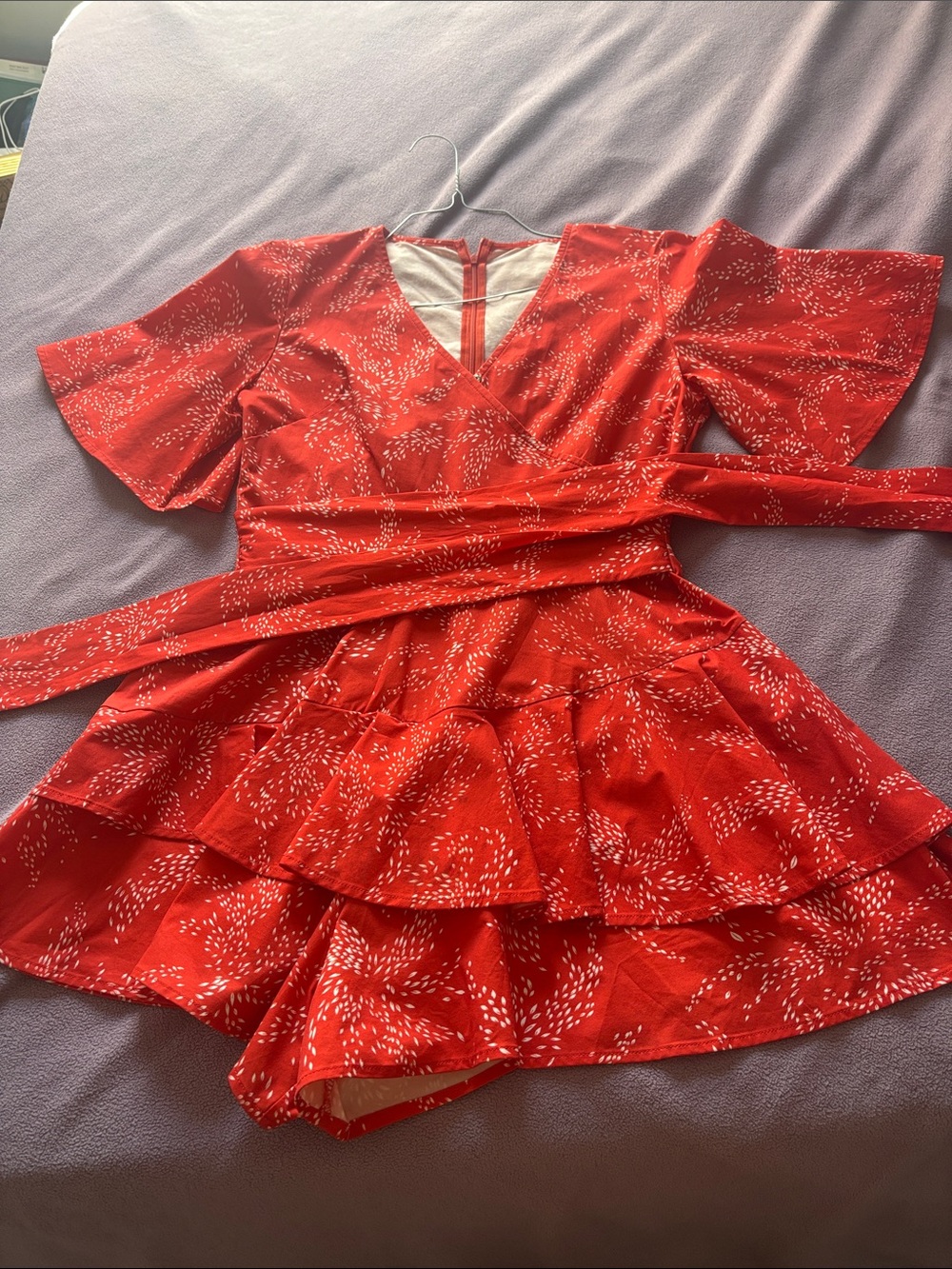Red Printed Wrap Romper with Tiered Skirt